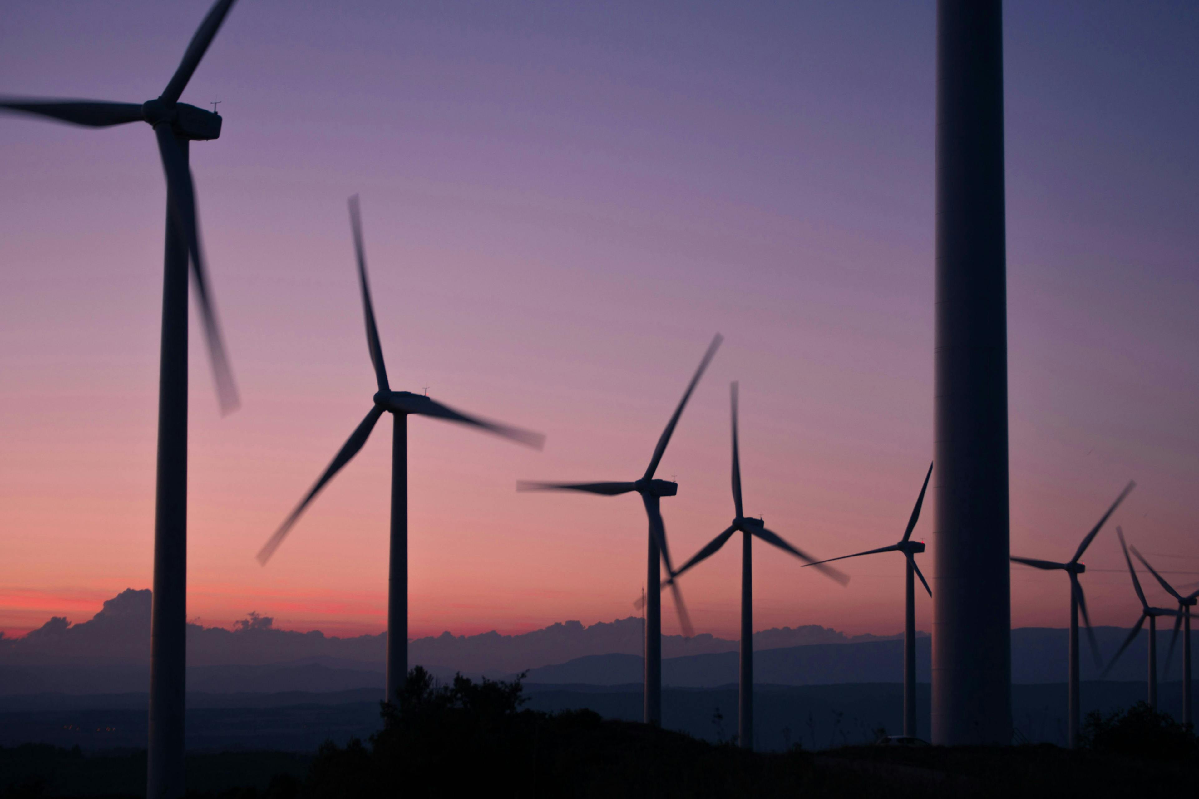 wind turbines at sunset